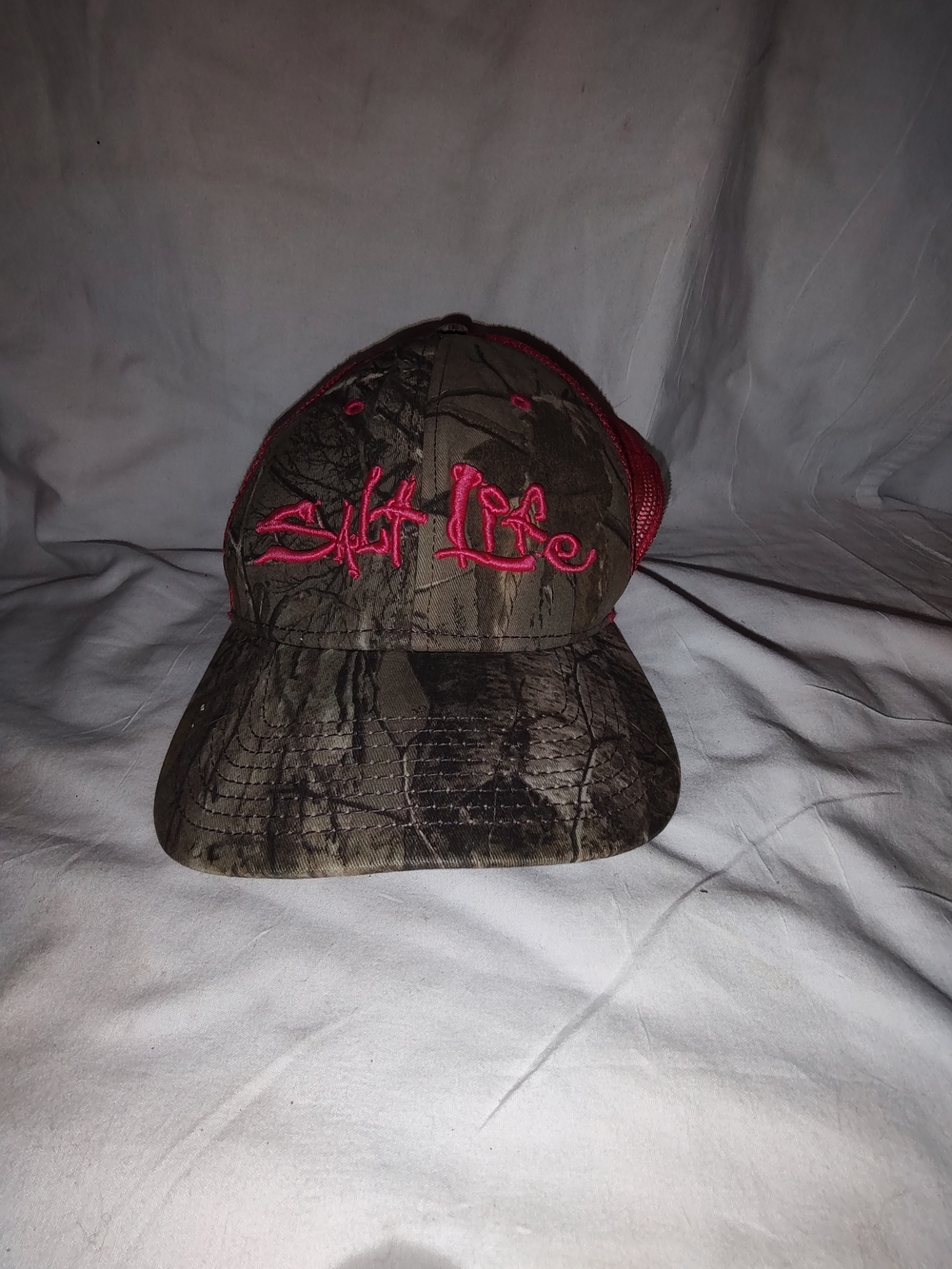 Salt Life Camo Trucker Hat with Pink Logo
